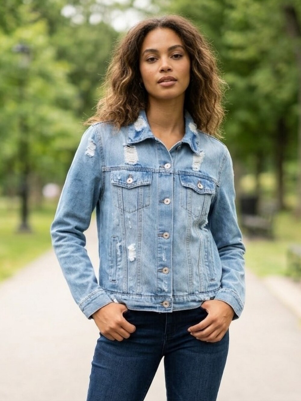 Diatressed Womens Denim Jacket Size Medium